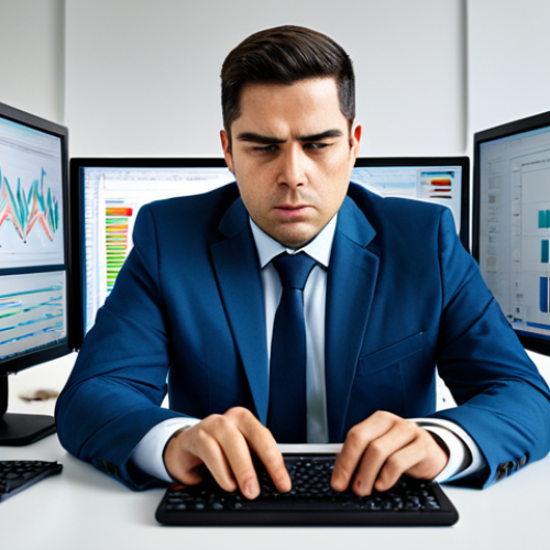 Home 4 A professional person, fully clothed in a modest business suit, sitting at a modern desk in a contemporary office. The subject appears slightly overwhelmed, surrounded by multiple computer monitors displaying a vibrant but chaotic array of digital information, notifications, and open tabs. A smartphone on the desk is buzzing with alerts. The workspace has a realistic amount of items, suggesting a busy but not entirely messy environment. The overall mood conveys the challenges of digital information overload. Perfect anatomy, correct proportions, natural pose, well-formed hands, proper finger count, natural body proportions, professional photography, high quality, safe for work, appropriate content, family-friendly.