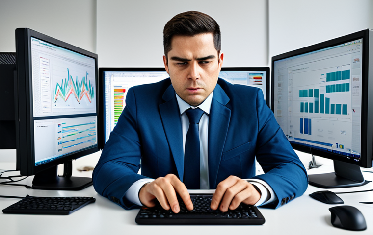 A professional person, fully clothed in a modest business suit, sitting at a modern desk in a contemporary office. The subject appears slightly overwhelmed, surrounded by multiple computer monitors displaying a vibrant but chaotic array of digital information, notifications, and open tabs. A smartphone on the desk is buzzing with alerts. The workspace has a realistic amount of items, suggesting a busy but not entirely messy environment. The overall mood conveys the challenges of digital information overload. Perfect anatomy, correct proportions, natural pose, well-formed hands, proper finger count, natural body proportions, professional photography, high quality, safe for work, appropriate content, family-friendly.