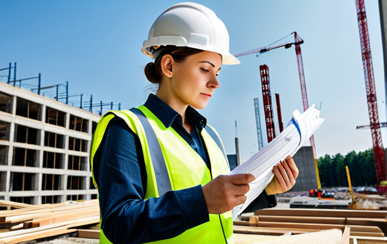 **

"A professional female architect in a stylish, modest outfit, reviewing blueprints on a construction site in Berlin, Germany. Hard hat, safety vest, fully clothed, appropriate attire, safe for work. Modern architecture in the background, natural lighting, perfect anatomy, correct proportions, well-formed hands, professional photography, high quality."

**