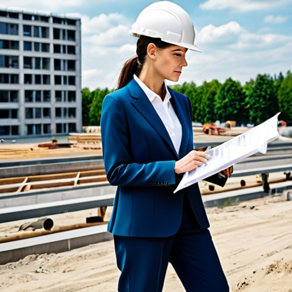 **

"A professional female architect in a stylish, yet modest pantsuit, reviewing blueprints on a construction site in Berlin, Germany. Background shows modern buildings and construction equipment. Fully clothed, appropriate attire, safe for work, perfect anatomy, natural proportions, professional photography, high quality."

**