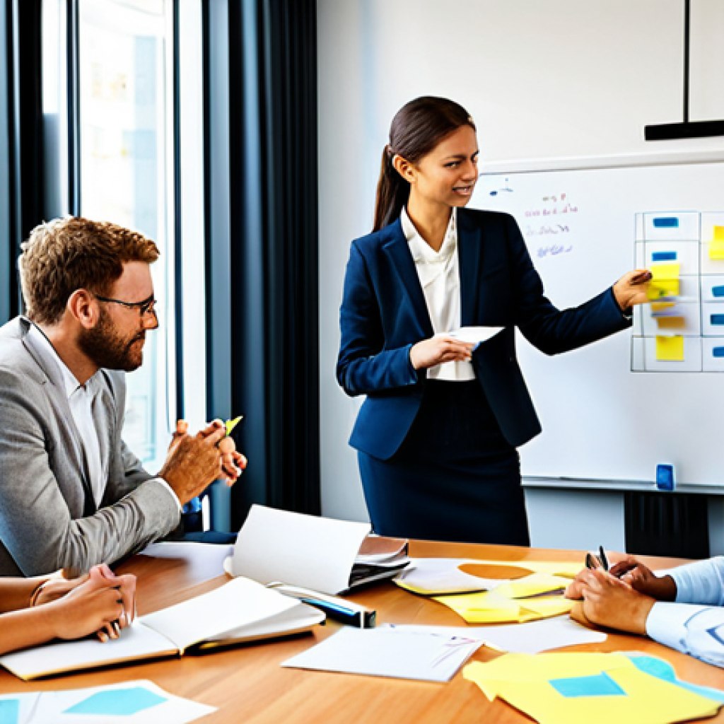 A Collaborative Brainstorming Session**
"A diverse group of professionals, fully clothed in appropriate business attire, brainstorming ideas around a table in a modern, sunlit office. Post-it notes cover a whiteboard behind them. Emphasize collaboration and innovation. Safe for work, professional environment, perfect anatomy, natural poses, well-formed hands, proper finger count, appropriate content, high resolution, professional photography."
**