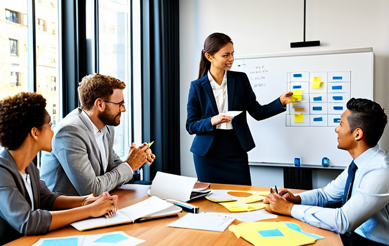 A Collaborative Brainstorming Session**

"A diverse group of professionals, fully clothed in appropriate business attire, brainstorming ideas around a table in a modern, sunlit office. Post-it notes cover a whiteboard behind them. Emphasize collaboration and innovation. Safe for work, professional environment, perfect anatomy, natural poses, well-formed hands, proper finger count, appropriate content, high resolution, professional photography."

**