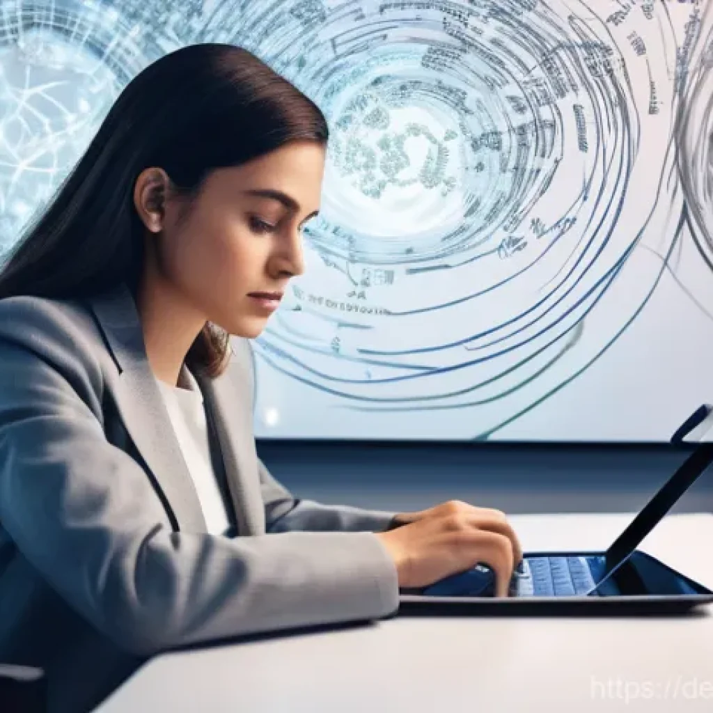 구성적 사고와 조직 내 생각 구조화 - **"A woman in her late 20s to early 30s, dressed in smart casual attire, sits at a modern, clean des...