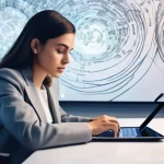 구성적 사고와 조직 내 생각 구조화 - **"A woman in her late 20s to early 30s, dressed in smart casual attire, sits at a modern, clean des...