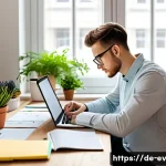 효과적인 생각 구조화를 위한 기본 원칙 - A modern, bright workspace scene showing a young German professional sitting at a wooden desk with a...