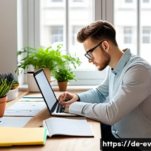 효과적인 생각 구조화를 위한 기본 원칙 - A modern, bright workspace scene showing a young German professional sitting at a wooden desk with a...