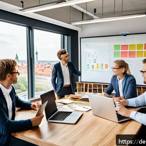 생각 구조화의 평가 및 피드백 기법 - A professional office scene showing a diverse group of German businesspeople gathered around a large...