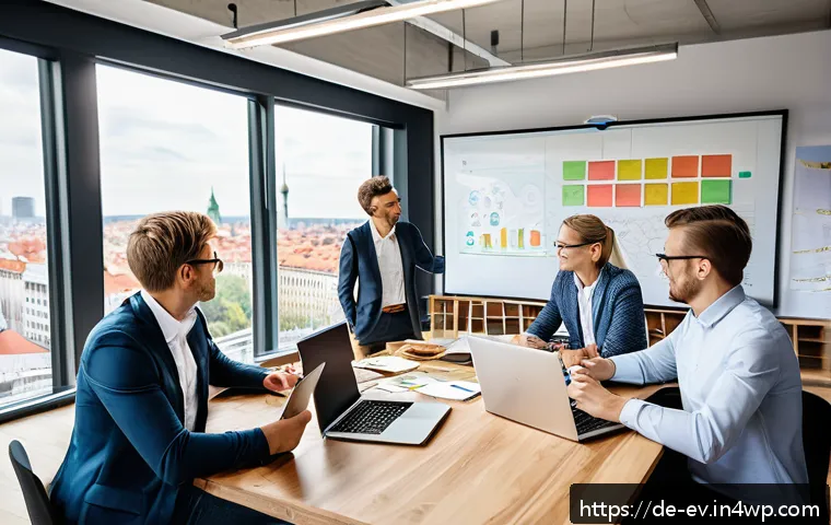 생각 구조화의 평가 및 피드백 기법 - A professional office scene showing a diverse group of German businesspeople gathered around a large...