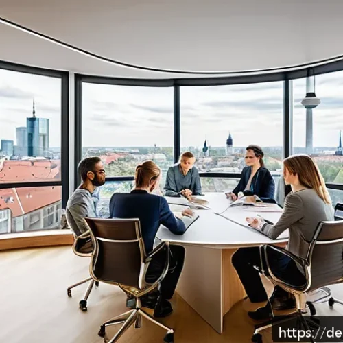생각 구조화 기법을 통한 문제 정의 - A modern office meeting room in Germany, with a diverse team of professionals gathered around a larg...