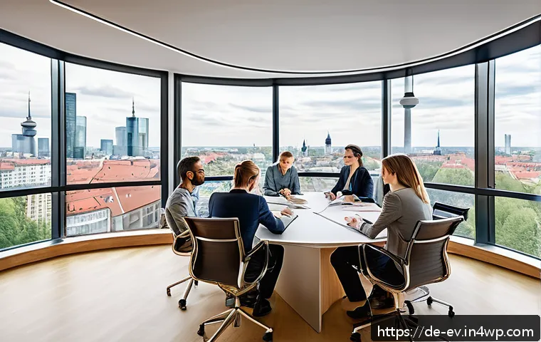 생각 구조화 기법을 통한 문제 정의 - A modern office meeting room in Germany, with a diverse team of professionals gathered around a larg...